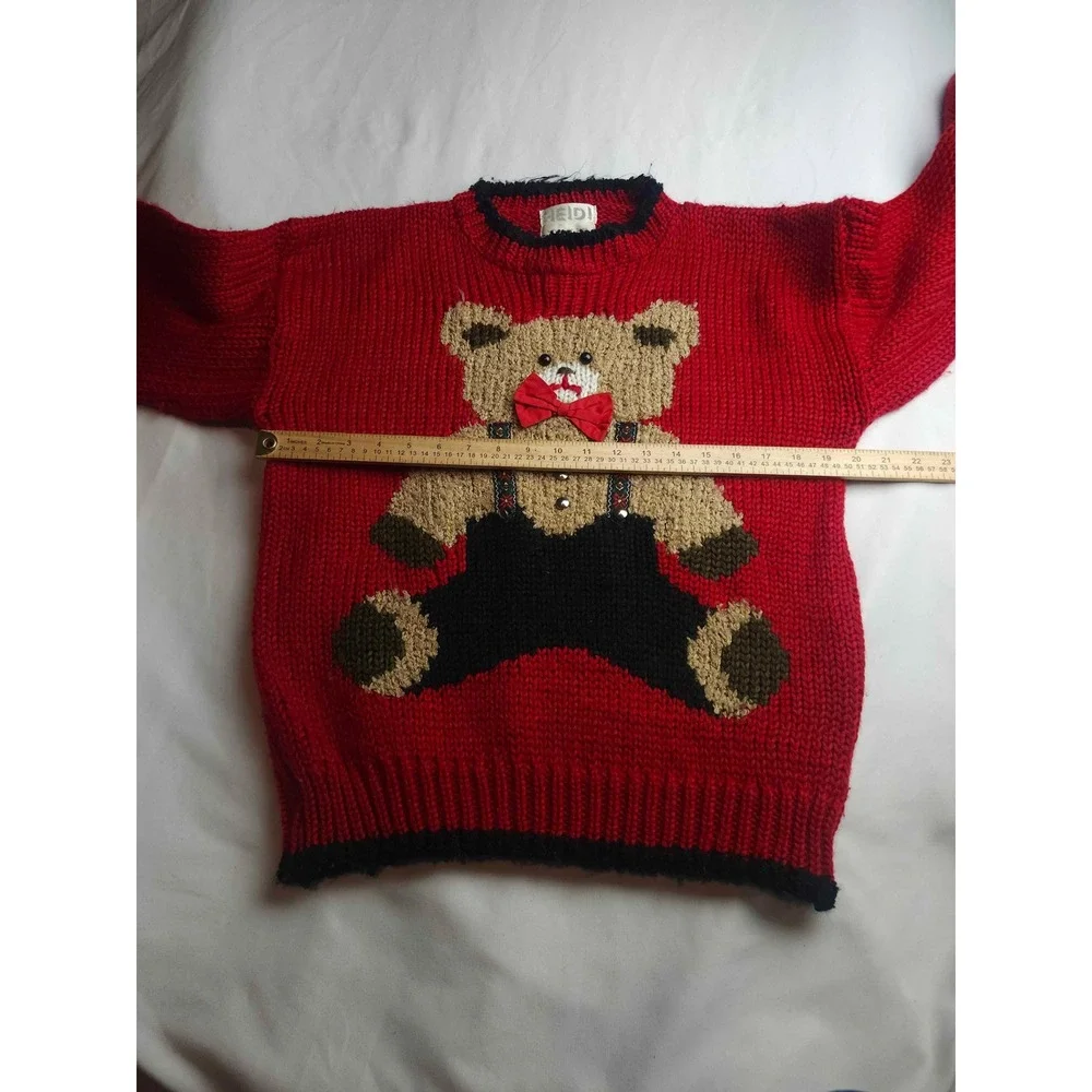 Vintage Heidi Hand Knitted Teddy Bear Sweater Red Bow Tie Acrylic Mens Medium